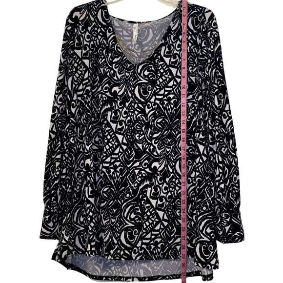 NY Collection Shirt Womens 1X Black White V-Neck Chain Trim Tunic High Low Plus - Picture 8 of 10